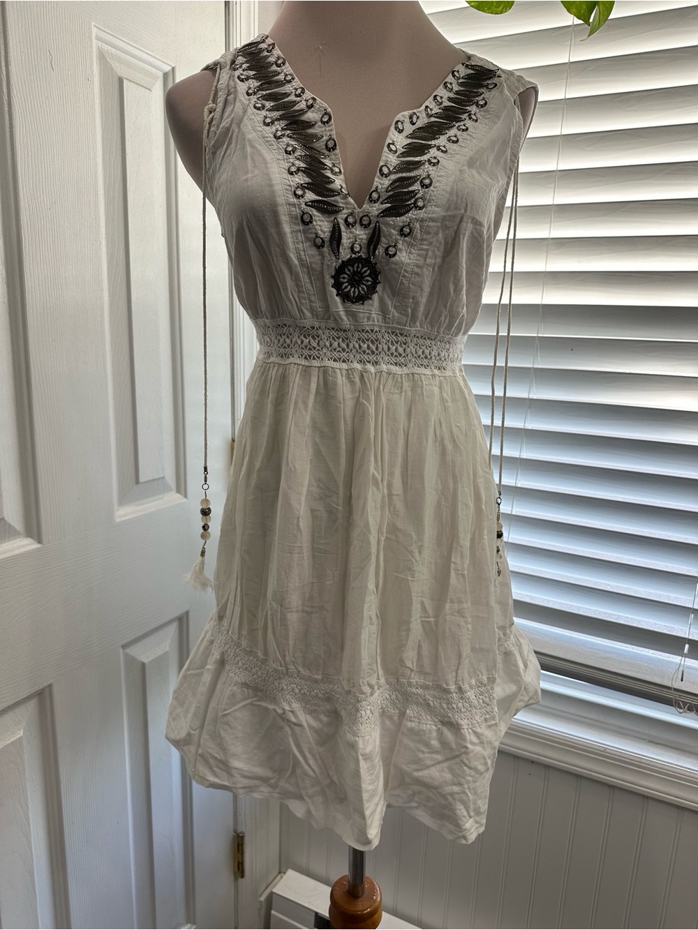 Studio White Mini Dress with Black Embroidered V-Neck